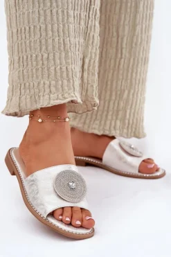 Discount Damskie buty S.Barski Klapki Damskie Na Płaskim Obcasie Z Ozdobą S.Barski KV51-013 Srebrne Srebrny