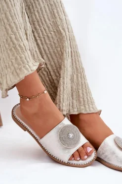 Discount Damskie buty S.Barski Klapki Damskie Na Płaskim Obcasie Z Ozdobą S.Barski KV51-013 Srebrne Srebrny