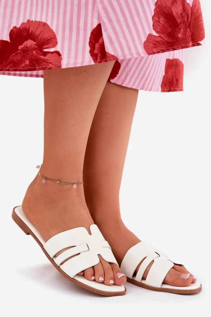 New Boto Klapki Damskie Na Płaskim Obcasie Z Wycięciami Eko Skórzane Białe Ecapus Biały