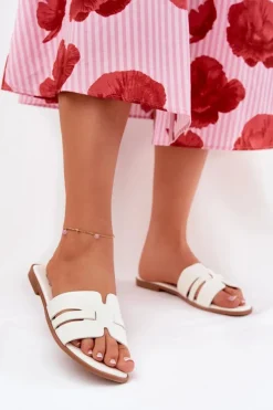 New Boto Klapki Damskie Na Płaskim Obcasie Z Wycięciami Eko Skórzane Białe Ecapus Biały