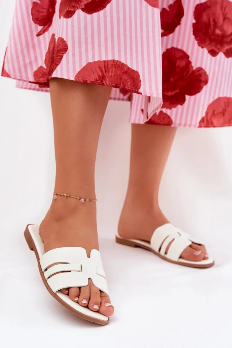 New Boto Klapki Damskie Na Płaskim Obcasie Z Wycięciami Eko Skórzane Białe Ecapus Biały