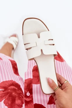 New Boto Klapki Damskie Na Płaskim Obcasie Z Wycięciami Eko Skórzane Białe Ecapus Biały