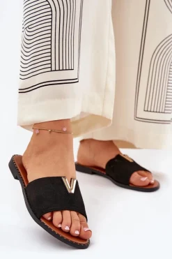 Discount Boto Klapki Damskie Na Płaskim Obcasie Z Ozdobnymi Detalami Czarne Saliena