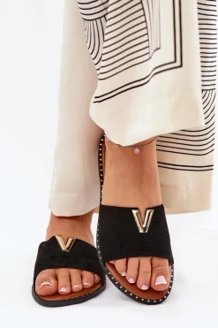 Discount Boto Klapki Damskie Na Płaskim Obcasie Z Ozdobnymi Detalami Czarne Saliena