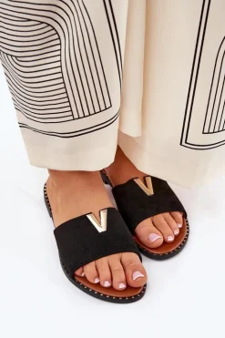 Discount Boto Klapki Damskie Na Płaskim Obcasie Z Ozdobnymi Detalami Czarne Saliena