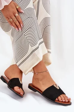 Discount Boto Klapki Damskie Na Płaskim Obcasie Z Ozdobnymi Detalami Czarne Saliena