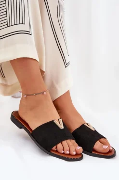 Discount Boto Klapki Damskie Na Płaskim Obcasie Z Ozdobnymi Detalami Czarne Saliena