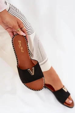 Discount Boto Klapki Damskie Na Płaskim Obcasie Z Ozdobnymi Detalami Czarne Saliena