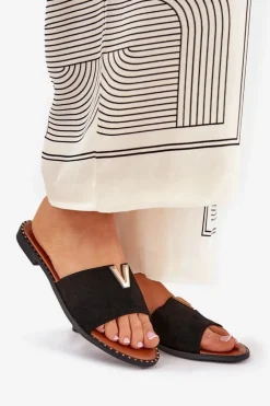 Discount Boto Klapki Damskie Na Płaskim Obcasie Z Ozdobnymi Detalami Czarne Saliena