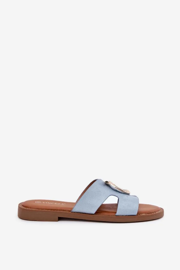 Buty damskie Vinceza Klapki Damskie Na Płaskim Obcasie Z Ozdobą Vinceza 17381 e Niebieski