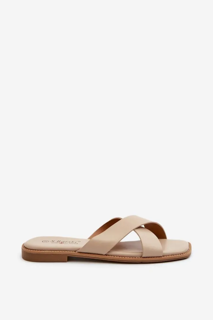 New Damskie buty S.Barski Klapki Damskie Na Płaskim Obcasie Z Eko Skóry S.Barski KV27-002 Beżowe Beżowy