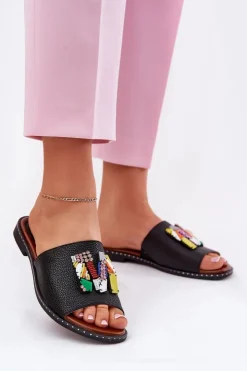 Boto Klapki Damskie Na Płaskim Obcasie Z Ozdobą Czarne Clelione Czarny