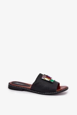 Boto Klapki Damskie Na Płaskim Obcasie Z Ozdobą Czarne Clelione Czarny