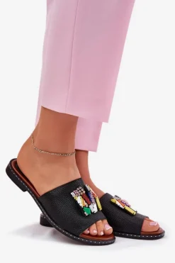 Boto Klapki Damskie Na Płaskim Obcasie Z Ozdobą Czarne Clelione Czarny