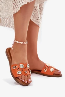 Damskie Boto Klapki Damskie Na Płaskim Obcasie Ze Złotymi Przypinkami Pomarańczowe Nalothiel