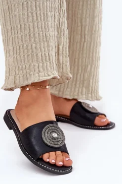 Damskie buty S.Barski Klapki Damskie Klasyczne*Klapki Damskie Na Płaskim Obcasie Z Ozdobą S.Barski KV51-013 Czarne Czarny