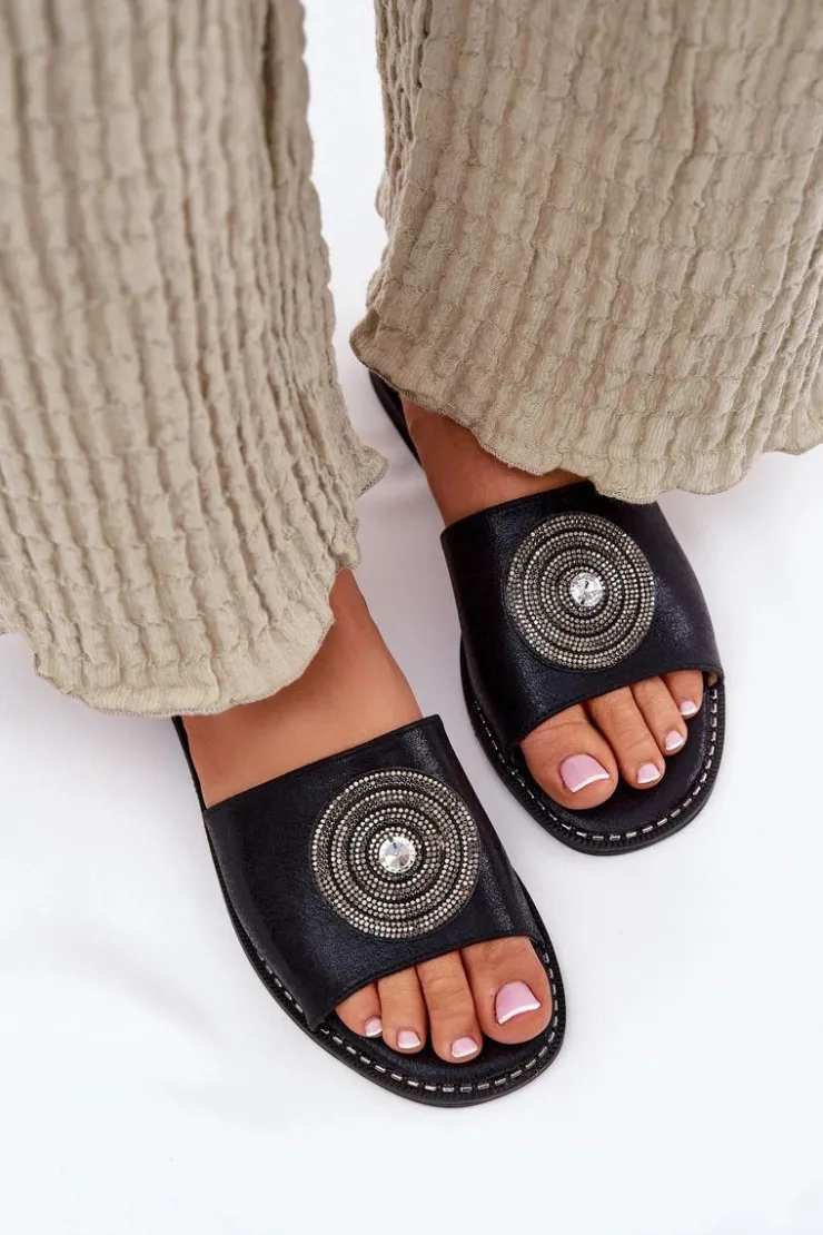 Damskie buty S.Barski Klapki Damskie Klasyczne*Klapki Damskie Na Płaskim Obcasie Z Ozdobą S.Barski KV51-013 Czarne Czarny