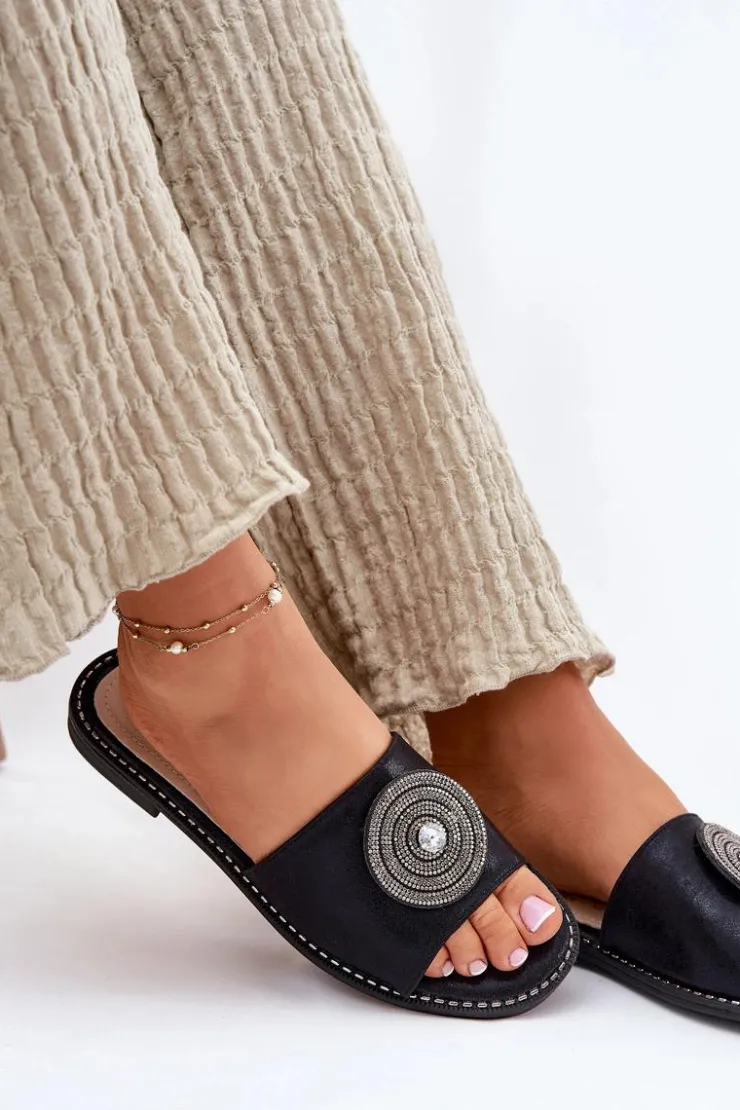 Damskie buty S.Barski Klapki Damskie Klasyczne*Klapki Damskie Na Płaskim Obcasie Z Ozdobą S.Barski KV51-013 Czarne Czarny