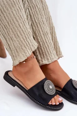 Damskie buty S.Barski Klapki Damskie Klasyczne*Klapki Damskie Na Płaskim Obcasie Z Ozdobą S.Barski KV51-013 Czarne Czarny