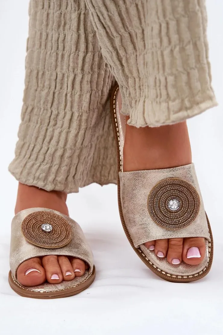 Damskie Damskie buty S.Barski Klapki Damskie Na Płaskim Obcasie Z Ozdobą S.Barski KV51-013 Złote