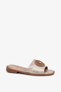 Damskie Damskie buty S.Barski Klapki Damskie Na Płaskim Obcasie Z Ozdobą S.Barski KV51-013 Złote