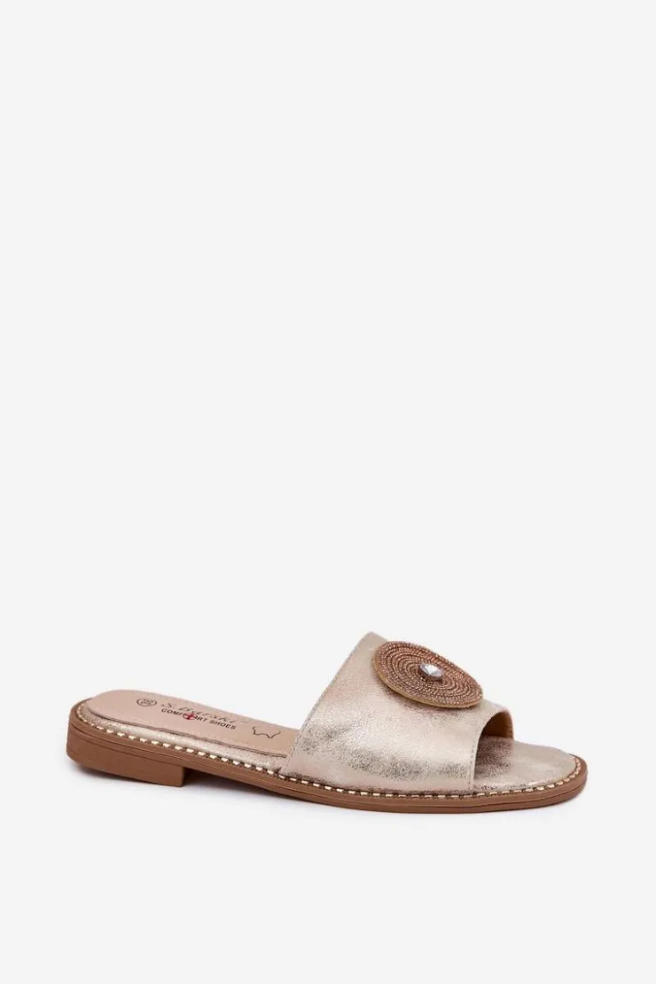 Damskie Damskie buty S.Barski Klapki Damskie Na Płaskim Obcasie Z Ozdobą S.Barski KV51-013 Złote