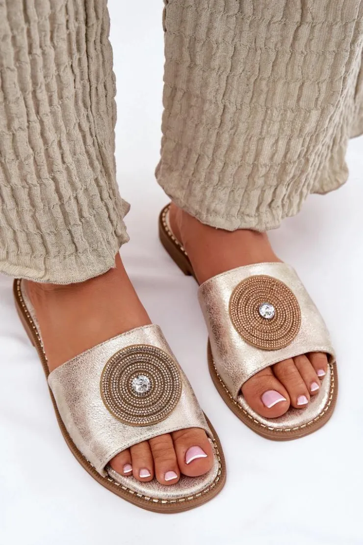 Damskie Damskie buty S.Barski Klapki Damskie Na Płaskim Obcasie Z Ozdobą S.Barski KV51-013 Złote