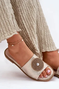 Damskie Damskie buty S.Barski Klapki Damskie Na Płaskim Obcasie Z Ozdobą S.Barski KV51-013 Złote