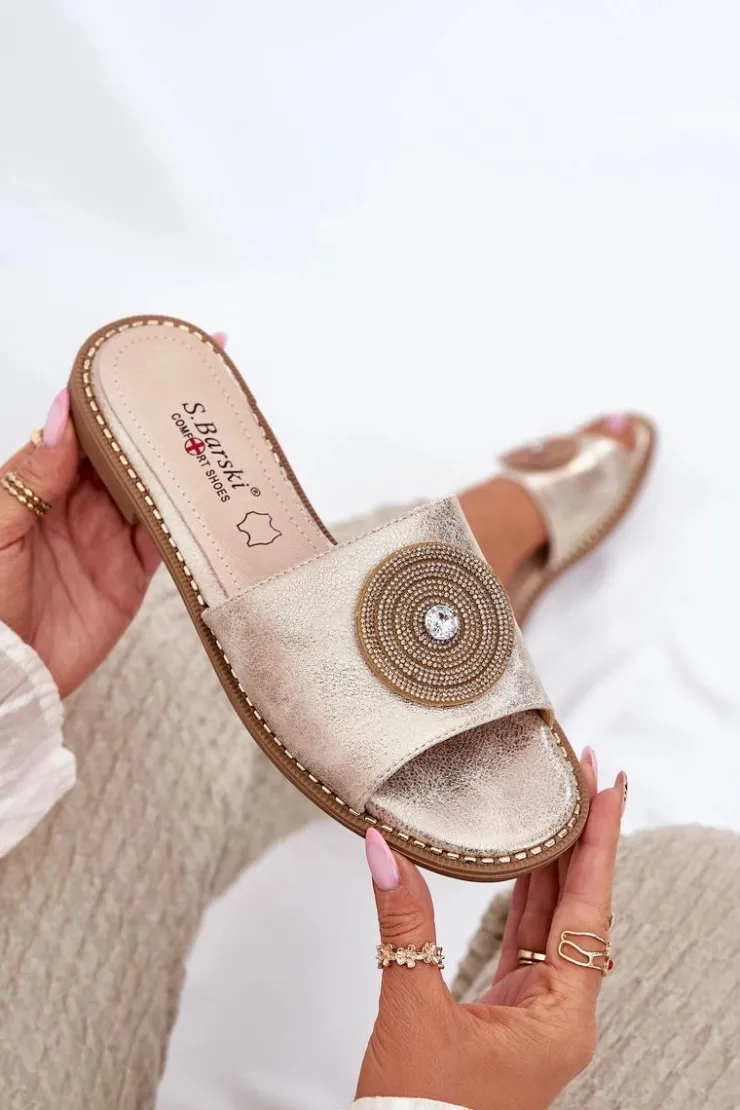 Damskie Damskie buty S.Barski Klapki Damskie Na Płaskim Obcasie Z Ozdobą S.Barski KV51-013 Złote