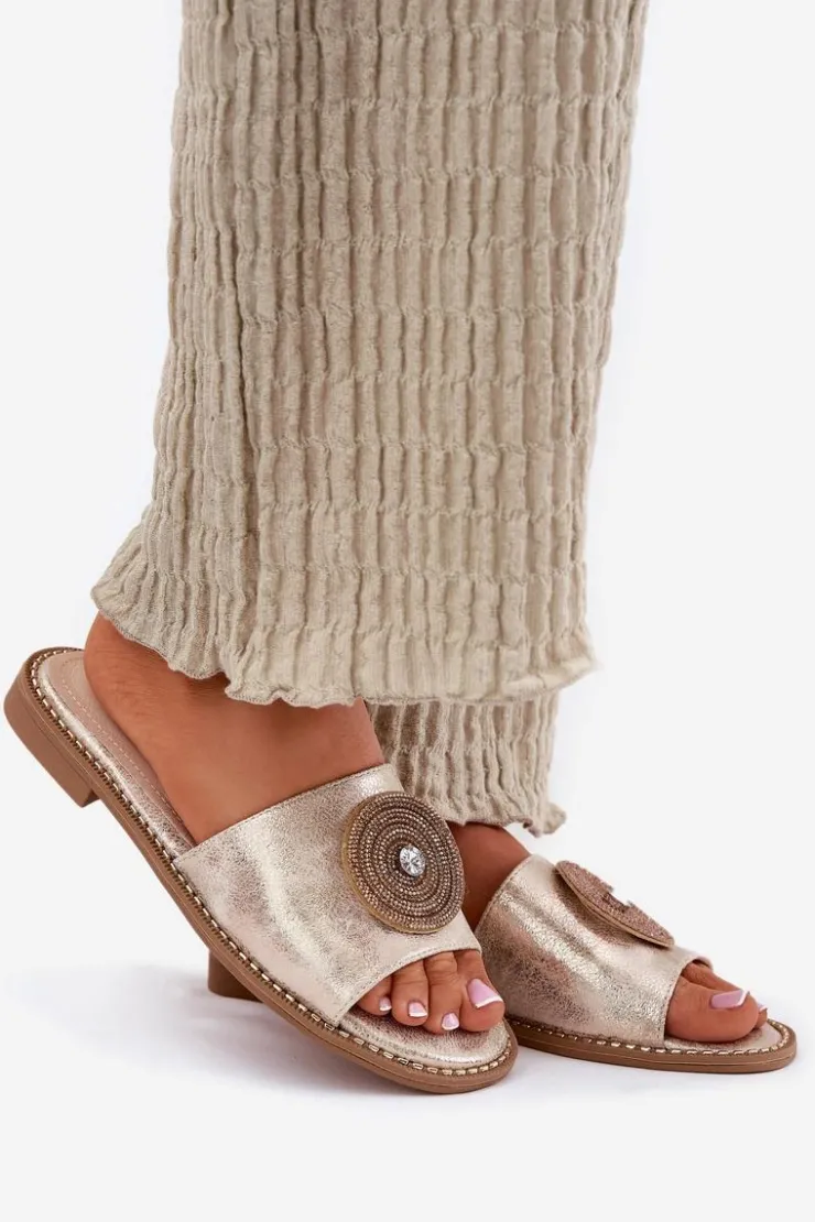 Damskie Damskie buty S.Barski Klapki Damskie Na Płaskim Obcasie Z Ozdobą S.Barski KV51-013 Złote