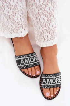 Damskie Boto Klapki Damskie Na Płaskim Obcasie Ze Zdobieniem Amore Czarne Avelina