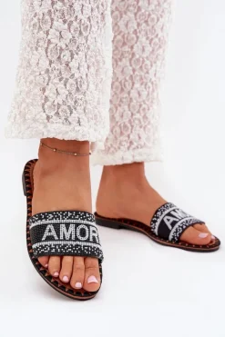 Damskie Boto Klapki Damskie Na Płaskim Obcasie Ze Zdobieniem Amore Czarne Avelina