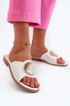 Evento Klapki Damskie Klasyczne*Klapki Damskie Na Płaskim Obcasie Z Ozdobą Białe Rivashea