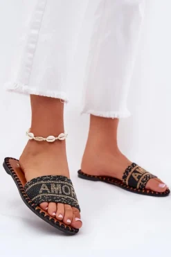 Hot Boto Klapki Damskie Na Płaskim Obcasie Ze Zdobieniem Czarne Dorfedi Czarny