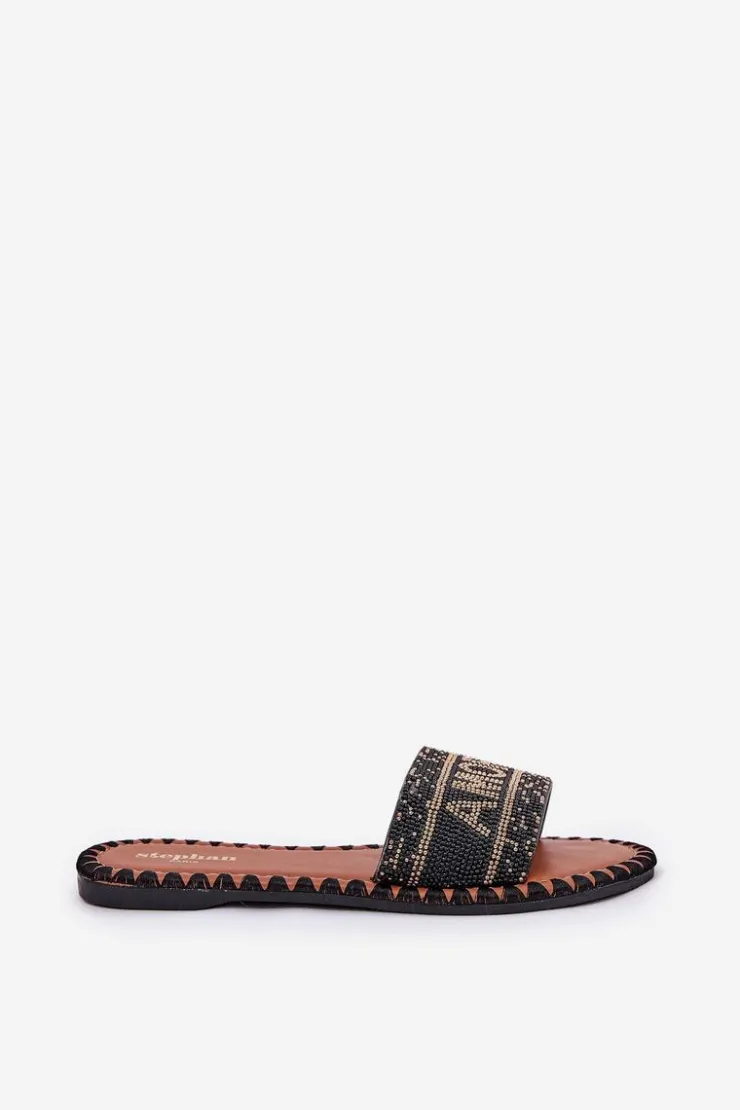 Hot Boto Klapki Damskie Na Płaskim Obcasie Ze Zdobieniem Czarne Dorfedi Czarny