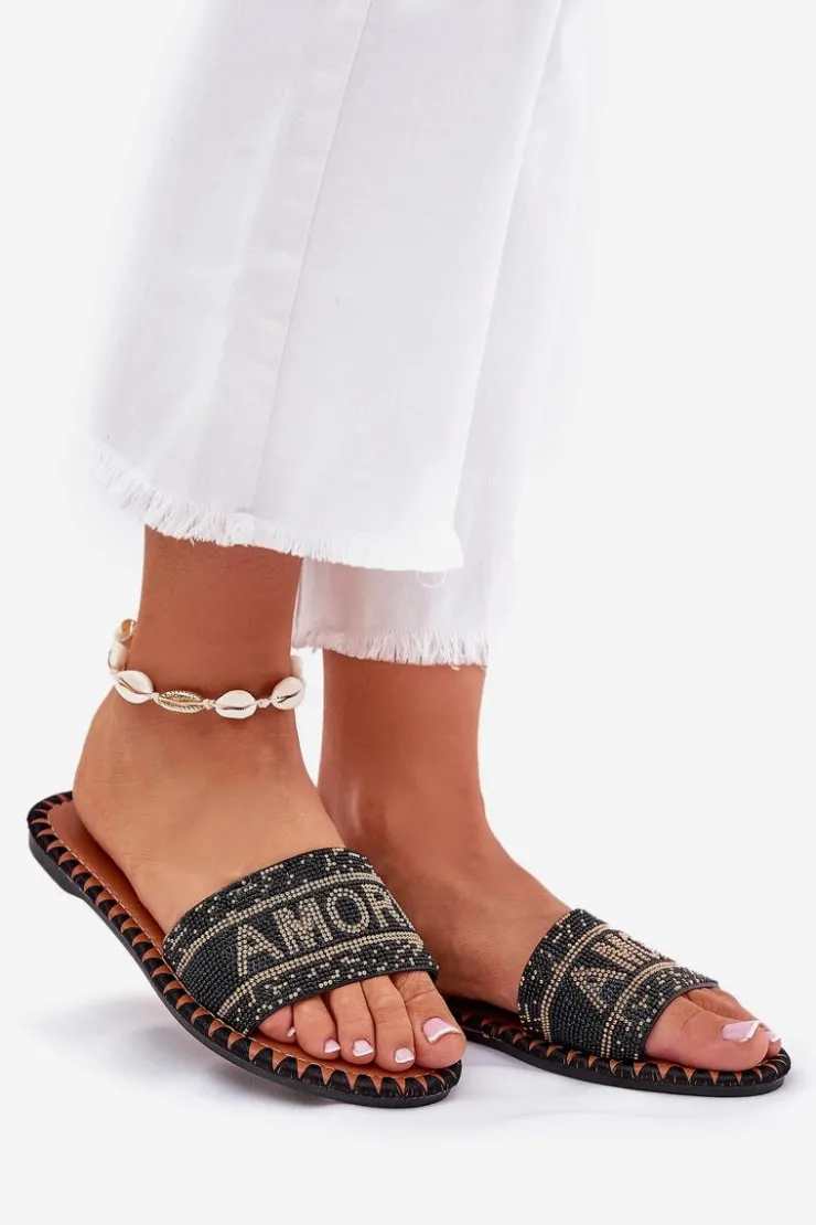 Hot Boto Klapki Damskie Na Płaskim Obcasie Ze Zdobieniem Czarne Dorfedi Czarny