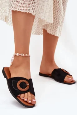 Damskie Boto Klapki Damskie Na Płaskim Obcasie Z Klamrą Czarne Lanoni