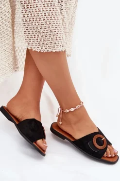 Damskie Boto Klapki Damskie Na Płaskim Obcasie Z Klamrą Czarne Lanoni