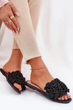 Boto Klapki Damskie Klasyczne*Klapki Damskie Na Płaskim Obcasie Z Ozdobnymi Kwiatami Czarne Misorsse Czarny