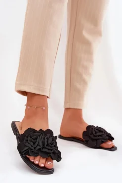 Boto Klapki Damskie Klasyczne*Klapki Damskie Na Płaskim Obcasie Z Ozdobnymi Kwiatami Czarne Misorsse Czarny