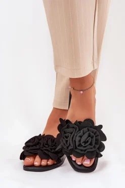 Boto Klapki Damskie Klasyczne*Klapki Damskie Na Płaskim Obcasie Z Ozdobnymi Kwiatami Czarne Misorsse Czarny