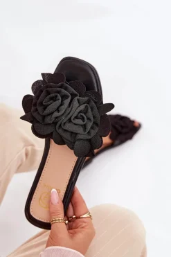 Boto Klapki Damskie Klasyczne*Klapki Damskie Na Płaskim Obcasie Z Ozdobnymi Kwiatami Czarne Misorsse Czarny