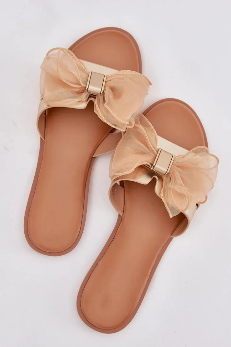 Boto Klapki Damskie Klasyczne*Klapki Damskie Na Płaskim Obcasie Z Tiulową Kokardą Złote Tanira Złoty