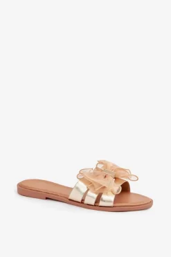 Boto Klapki Damskie Klasyczne*Klapki Damskie Na Płaskim Obcasie Z Tiulową Kokardą Złote Tanira Złoty