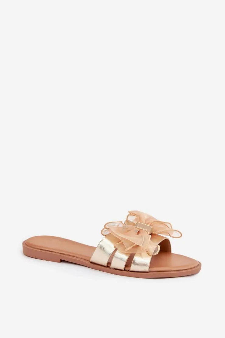 Boto Klapki Damskie Klasyczne*Klapki Damskie Na Płaskim Obcasie Z Tiulową Kokardą Złote Tanira Złoty