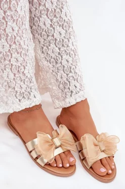 Boto Klapki Damskie Klasyczne*Klapki Damskie Na Płaskim Obcasie Z Tiulową Kokardą Złote Tanira Złoty