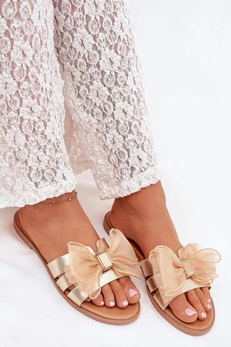 Boto Klapki Damskie Klasyczne*Klapki Damskie Na Płaskim Obcasie Z Tiulową Kokardą Złote Tanira Złoty