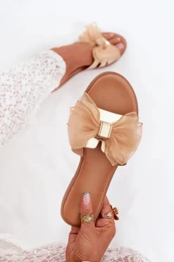 Boto Klapki Damskie Klasyczne*Klapki Damskie Na Płaskim Obcasie Z Tiulową Kokardą Złote Tanira Złoty