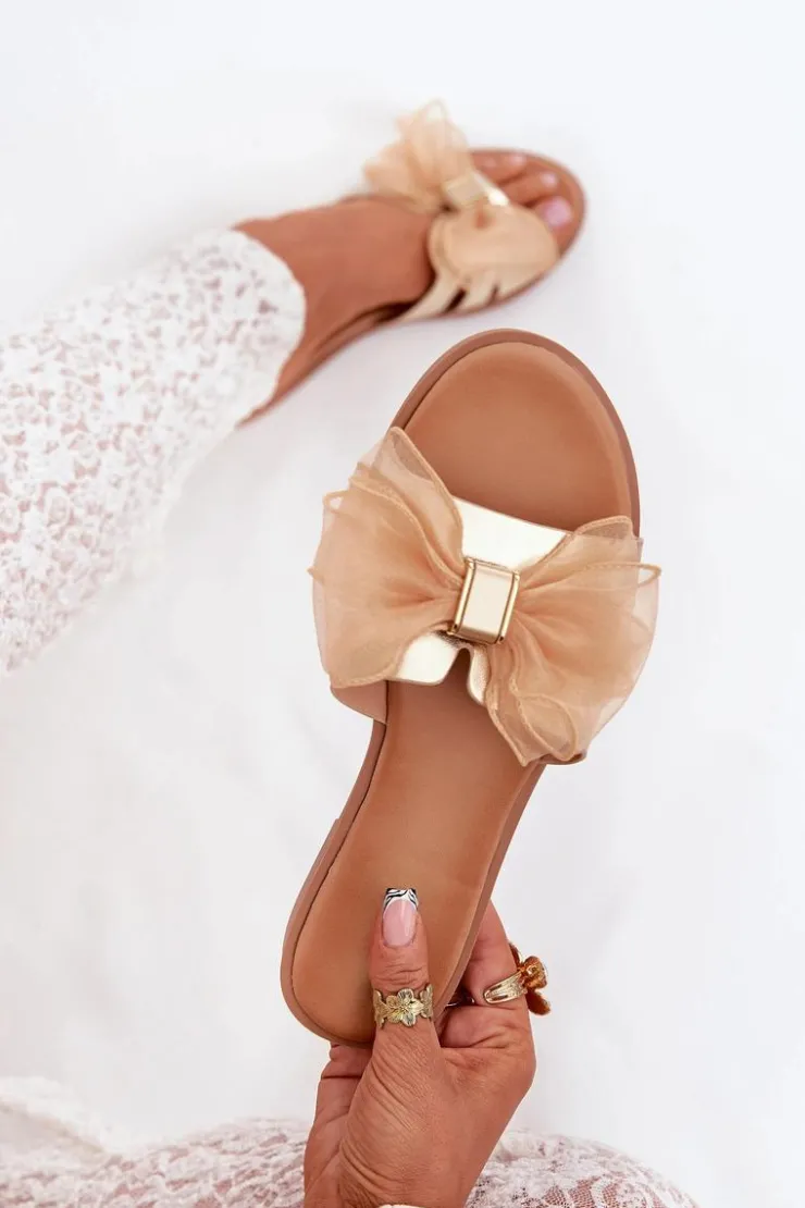 Boto Klapki Damskie Klasyczne*Klapki Damskie Na Płaskim Obcasie Z Tiulową Kokardą Złote Tanira Złoty