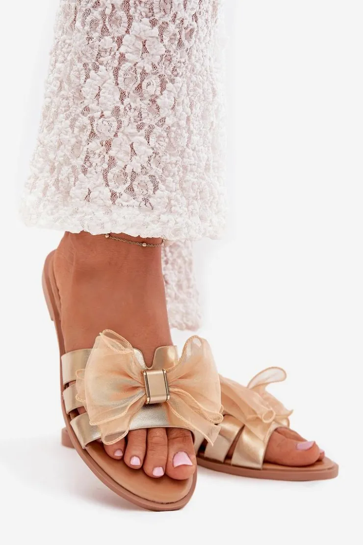 Boto Klapki Damskie Klasyczne*Klapki Damskie Na Płaskim Obcasie Z Tiulową Kokardą Złote Tanira Złoty